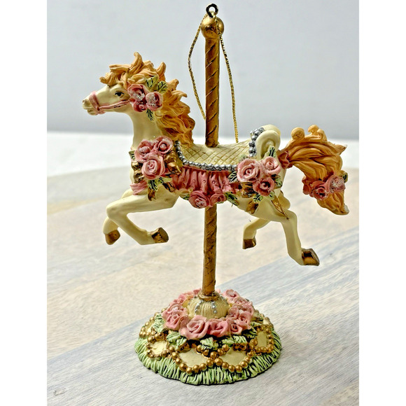 Horse Carousel Figurine Gold Post Pink Flowers Horse Vibrant - Picture 3 of 6